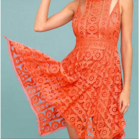 Free People-Just Like Honey Coral Orange Lace Crochet Floral Boho Flowy - Picture 9 of 10